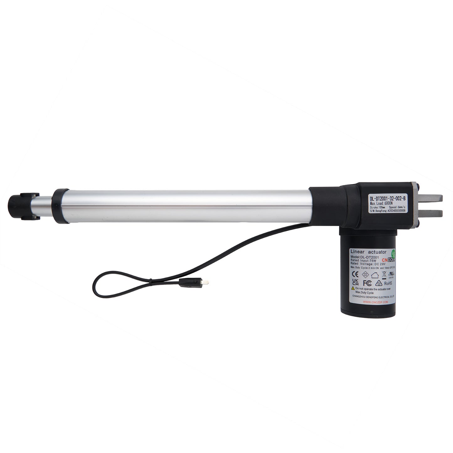 A black and silver CN DOER linear actuator with a male two-pin plug.