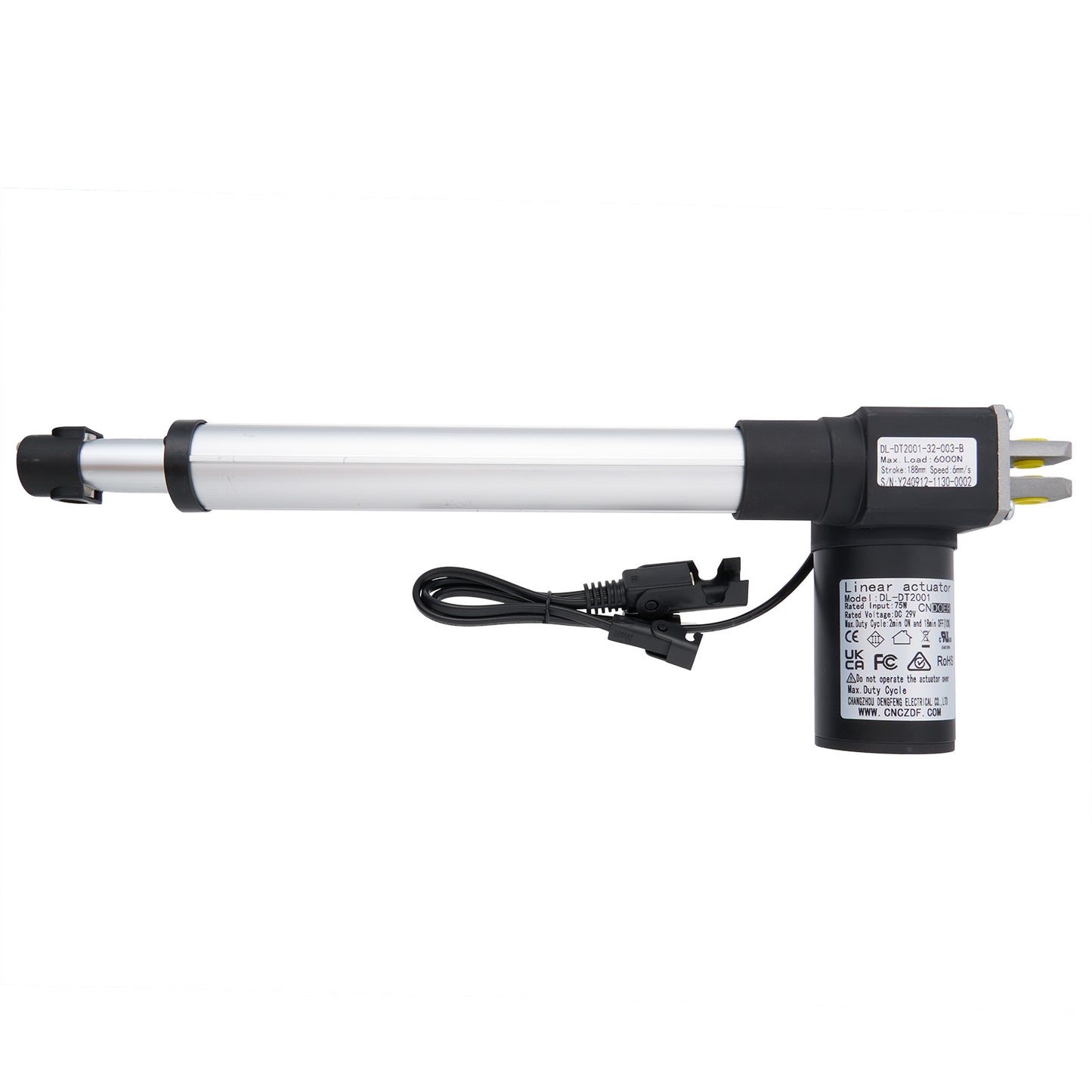 A black linear actuator designed for use in recliner or lift chairs, showing cables and plugs.
