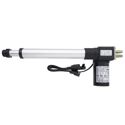 A black linear actuator designed for use in recliner or lift chairs, showing cables and plugs.