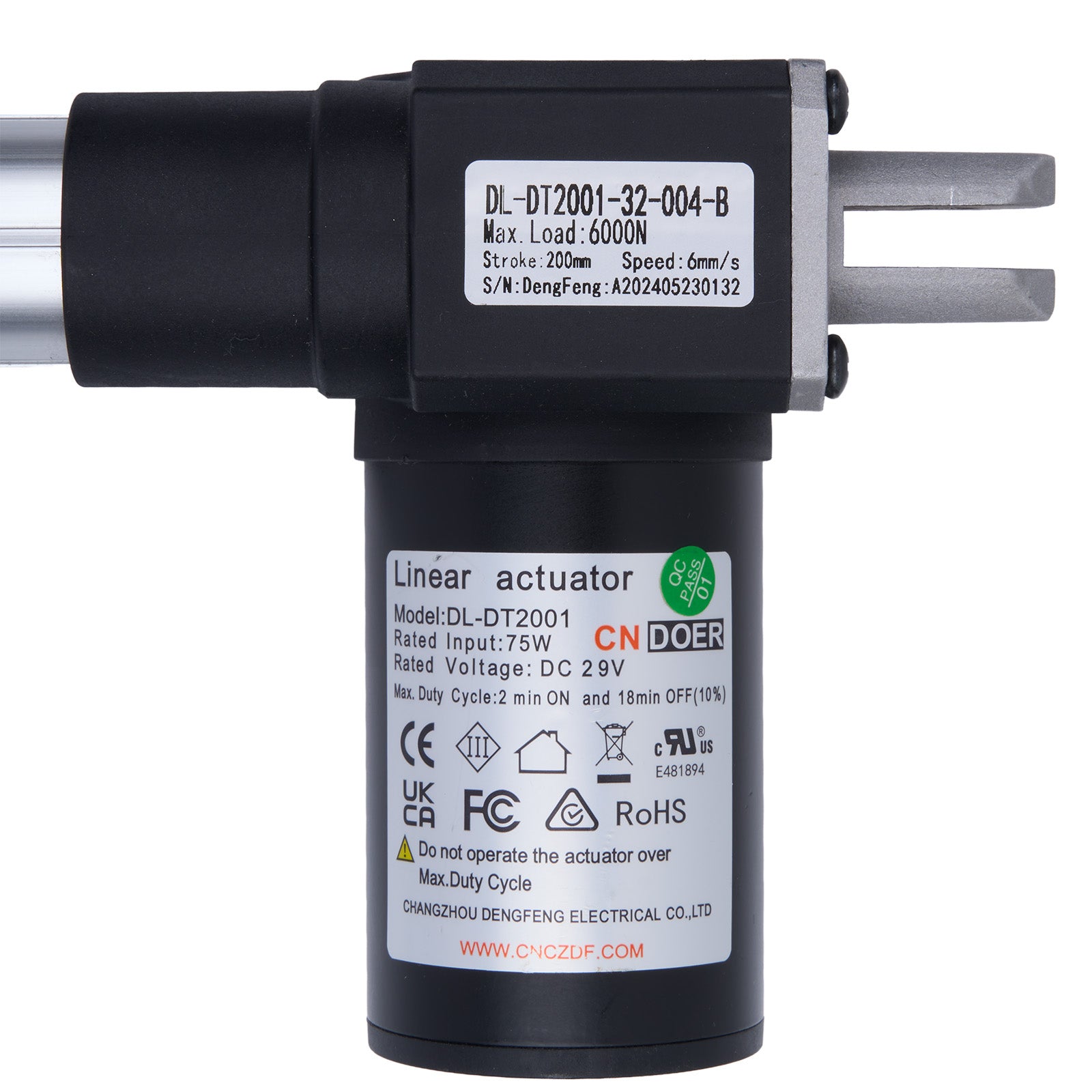 Linear actuator with visible branding and specifications on a white background