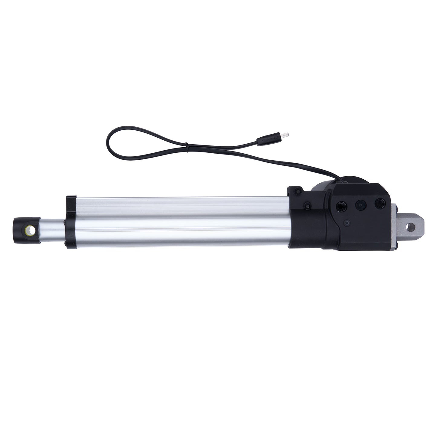 Linear actuator with black housing and visible wiring on a white background