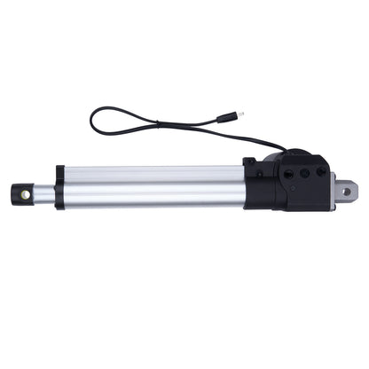 Linear actuator with black housing and visible wiring on a white background