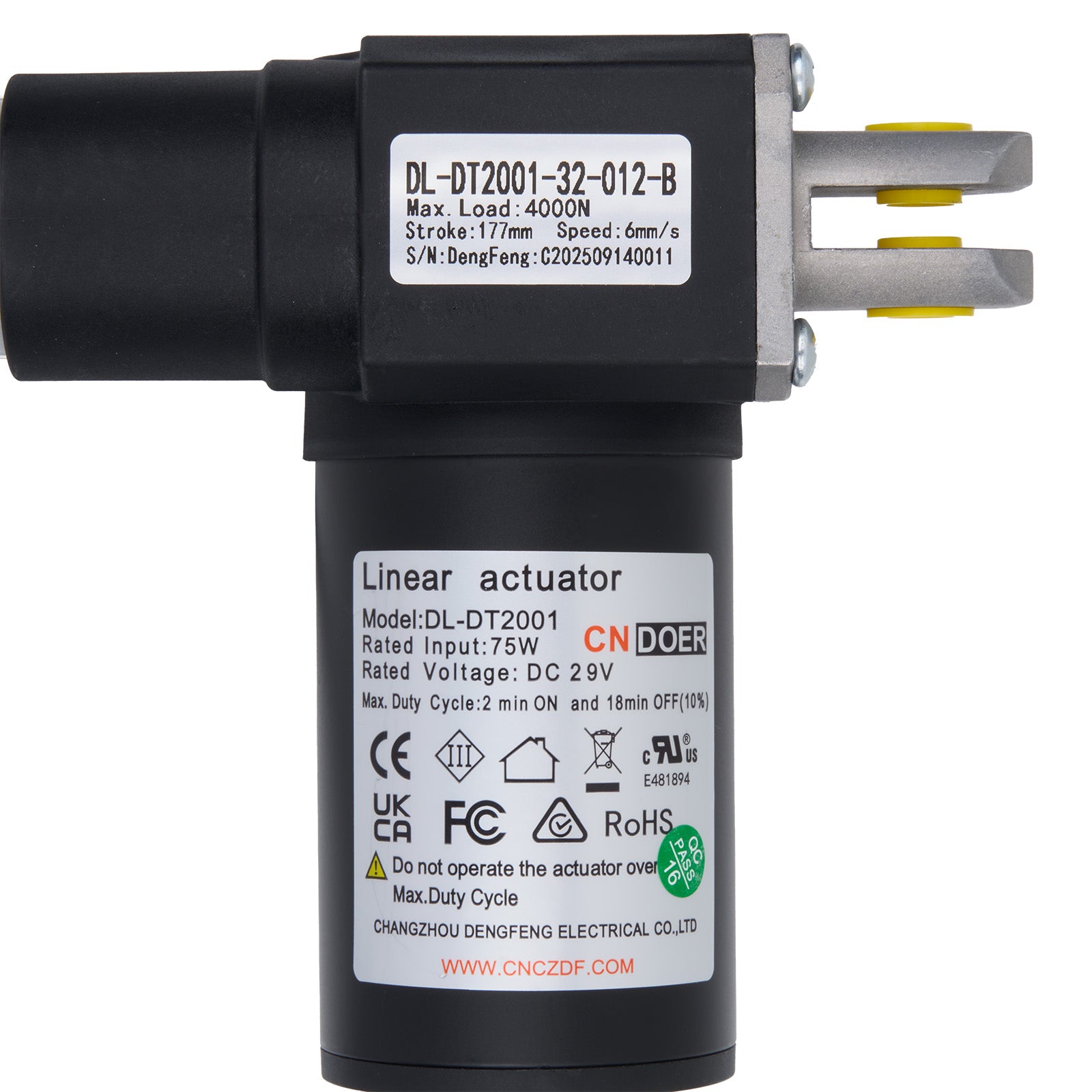 Linear actuator with labels and certification logos on a white background