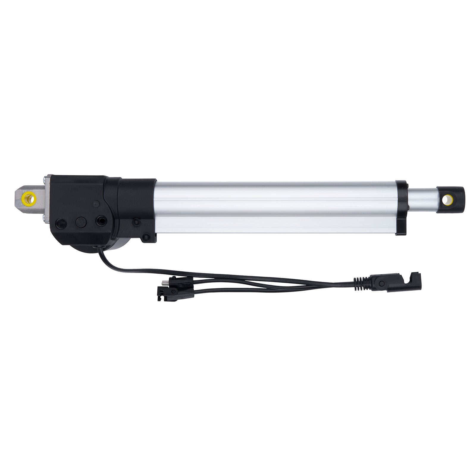 Linear actuator with black housing and wiring on a white background