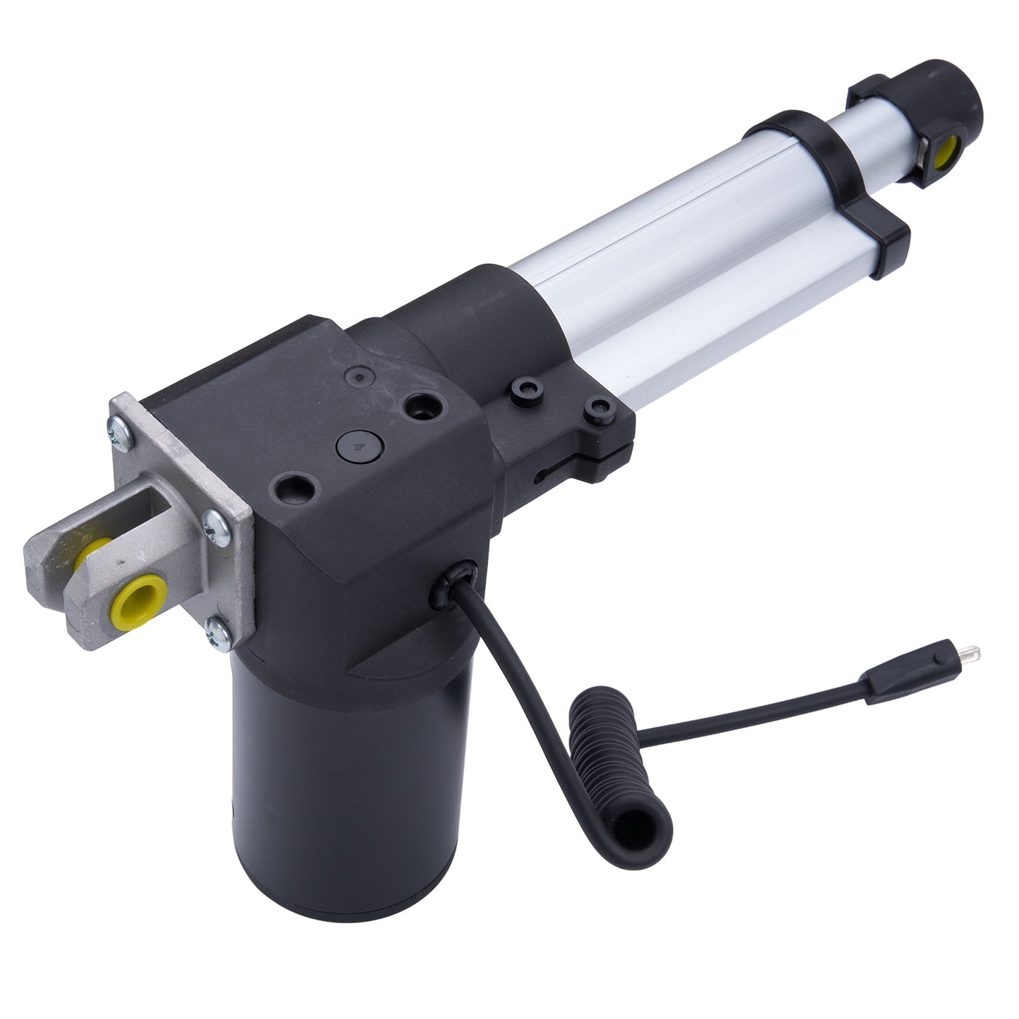 Black and silver mechanical actuator on a white background