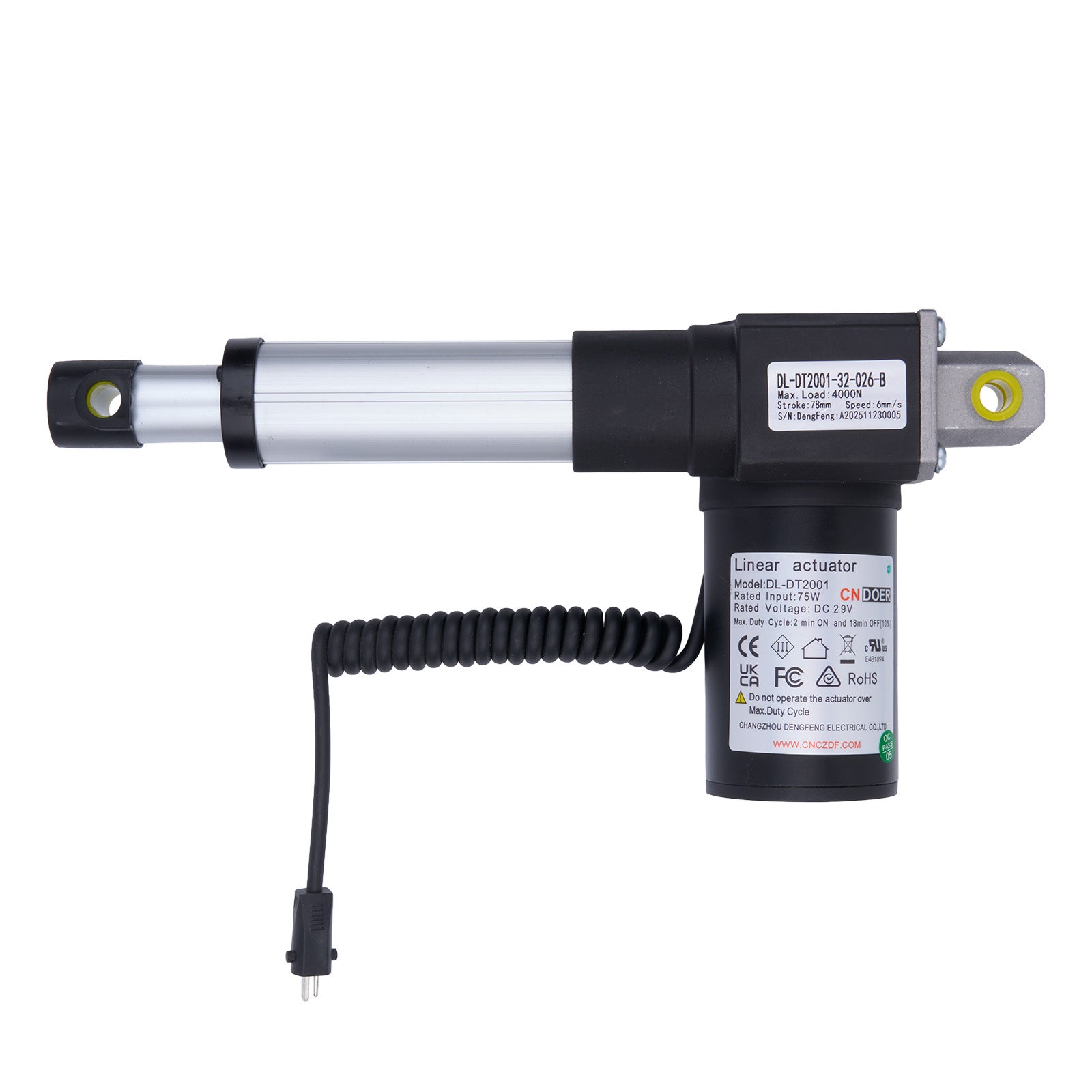 Linear actuator with coiled cable on a white background