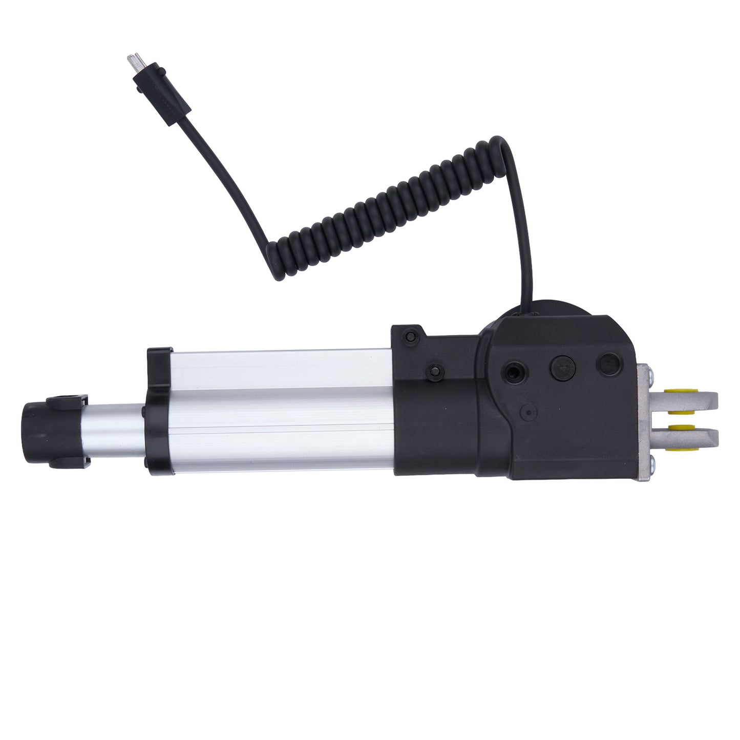 Black and silver mechanical device with coiled cable on a white background