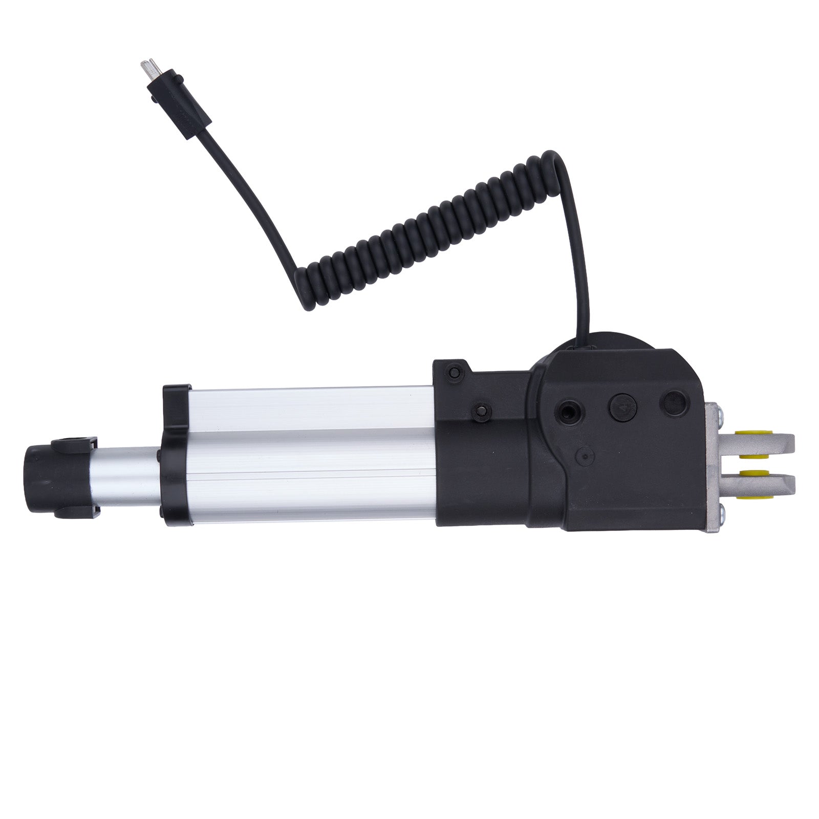 Black and silver mechanical device with coiled cable on a white background