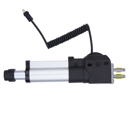 Black and silver mechanical device with coiled cable on a white background