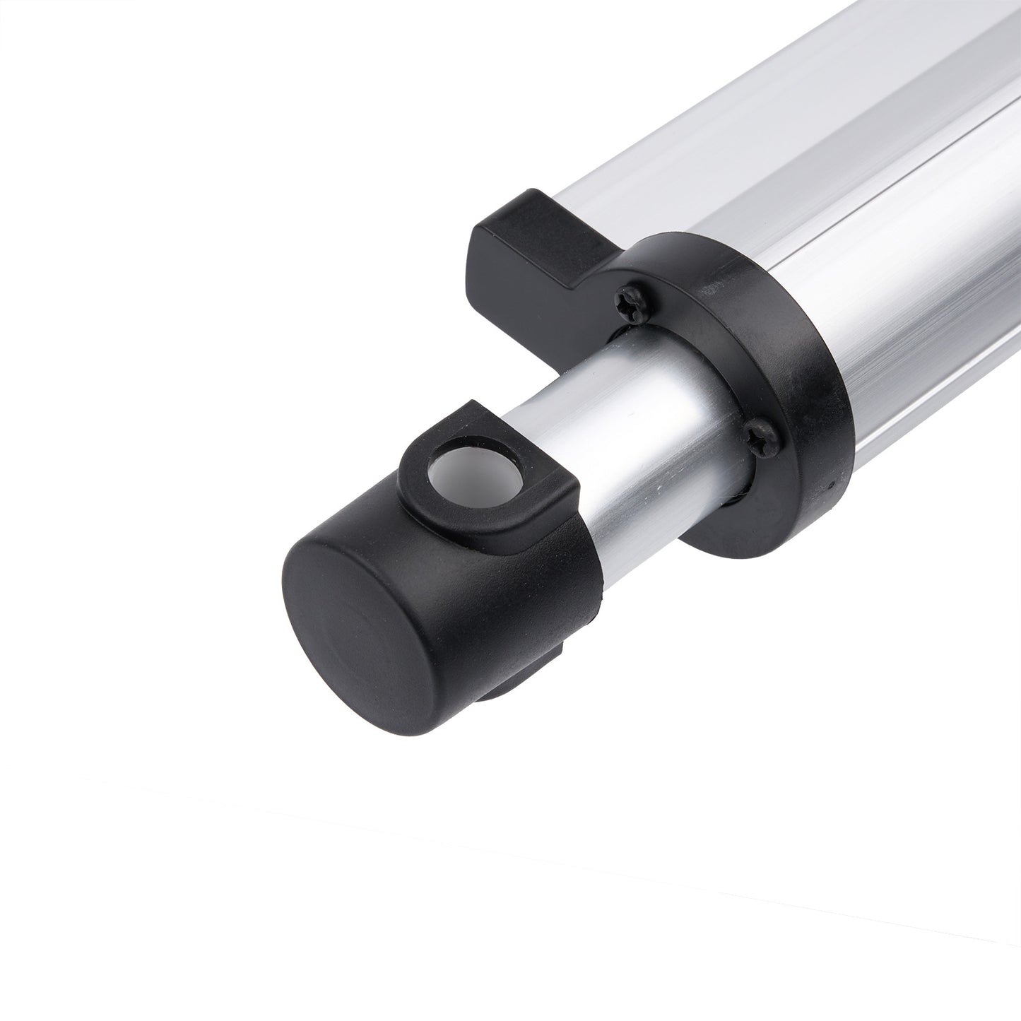 Metallic cylindrical component with black connectors on a white background