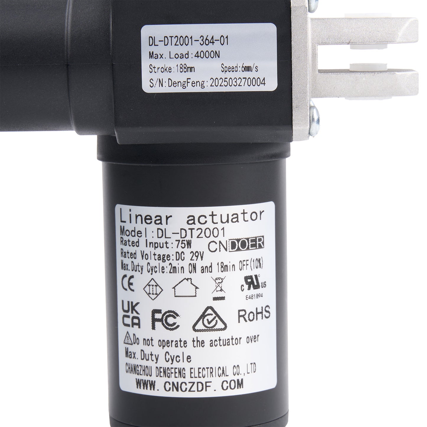 Linear actuator with label and certification logos on a white background