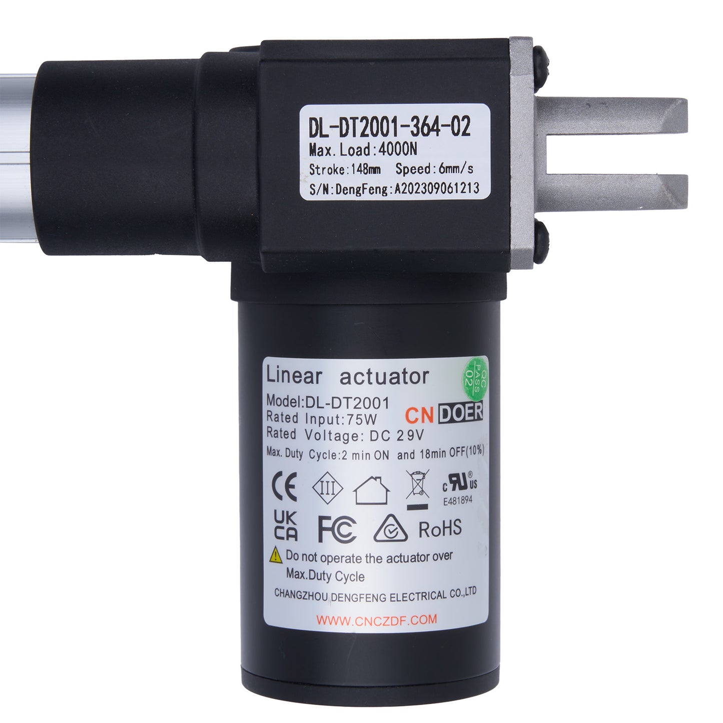 Linear actuator with specifications on a white background