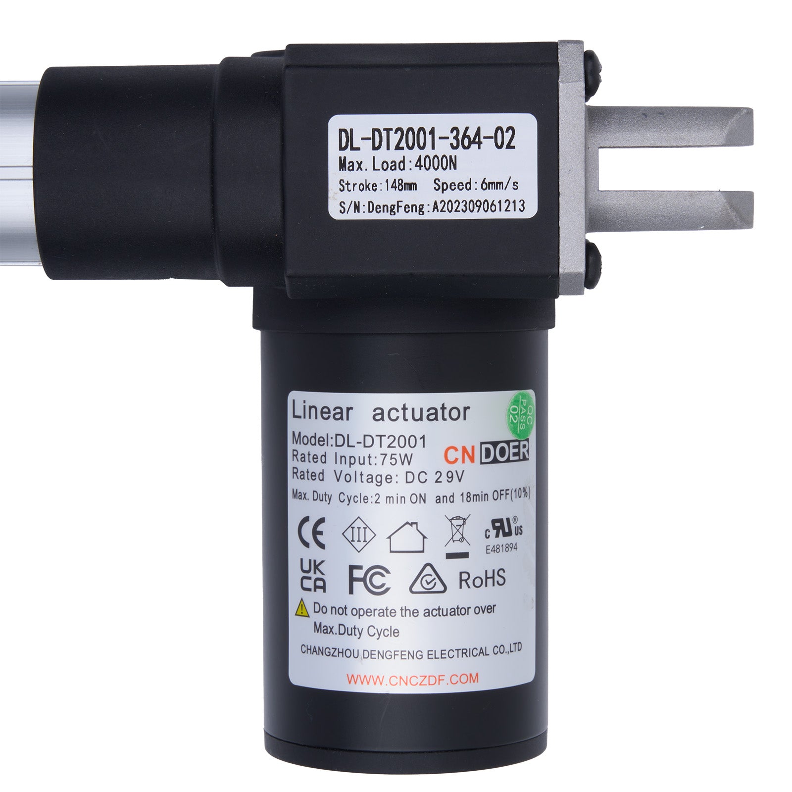 Linear actuator with specifications on a white background