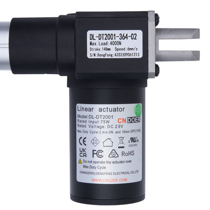 Linear actuator with specifications on a white background