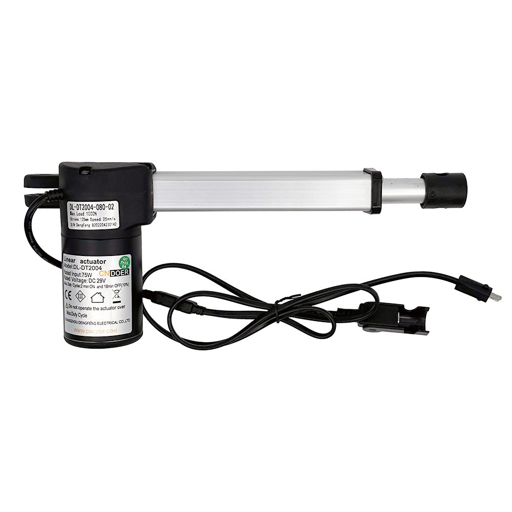 A CNDOER linear actuator motor with a black body and silver shaft, including attached cables and plugs.