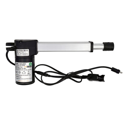 A CNDOER linear actuator motor with a black body and silver shaft, including attached cables and plugs.