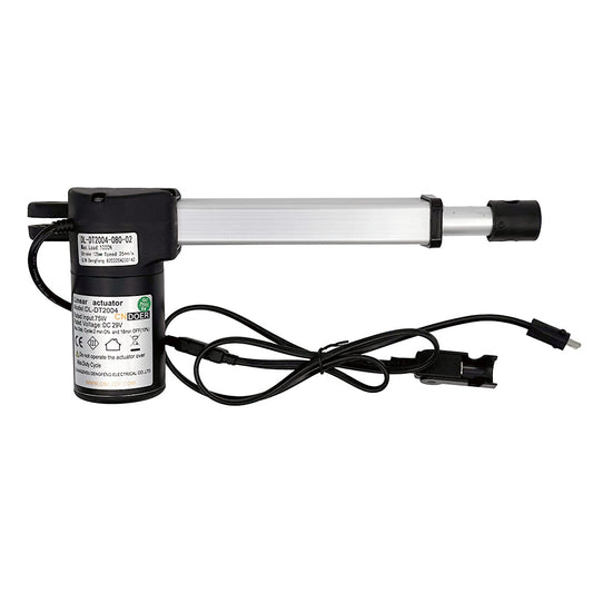 A CNDOER linear actuator motor with a black body and silver shaft, including attached cables and plugs.