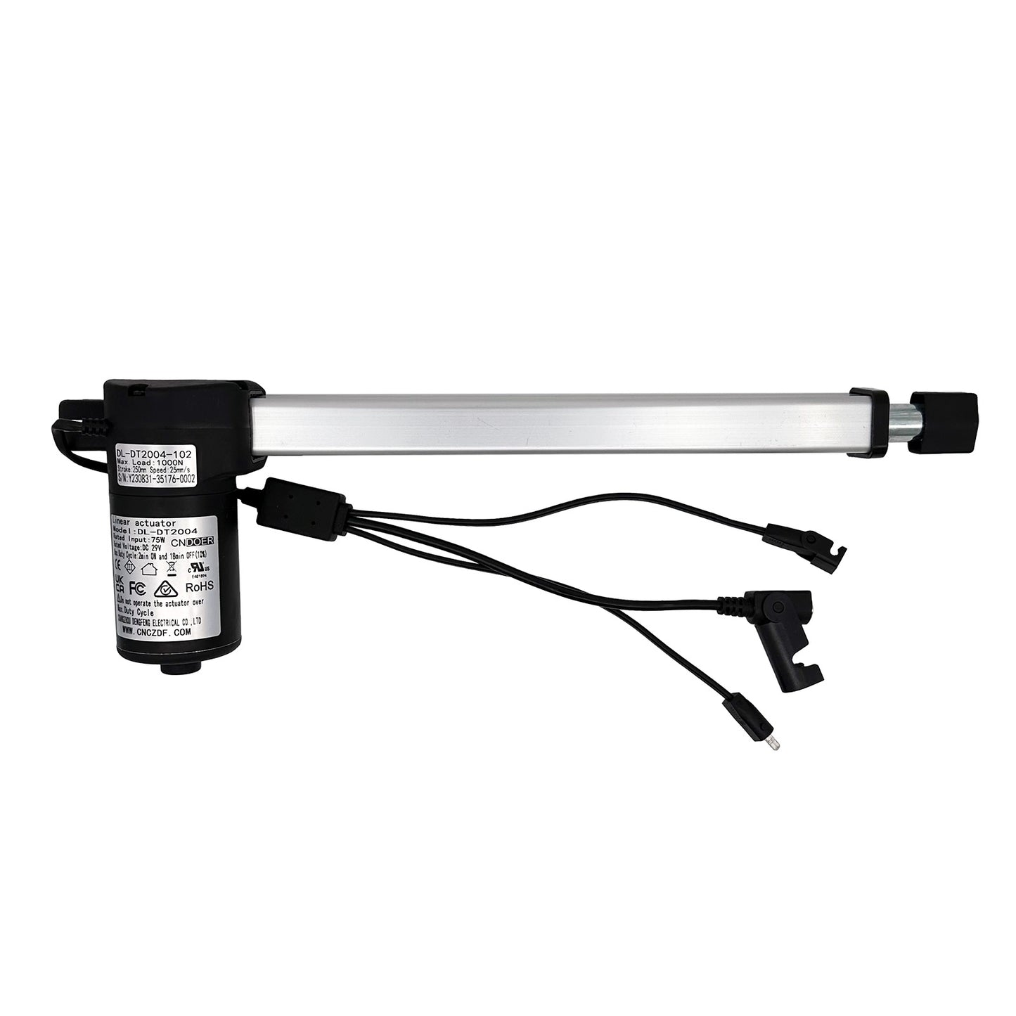 A black linear actuator for recliner or lift chair with attached cables and plugs.