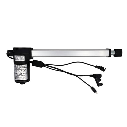 A black linear actuator for recliner or lift chair with attached cables and plugs.