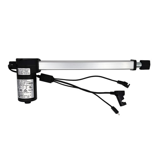 A black linear actuator for recliner or lift chair with attached cables and plugs.