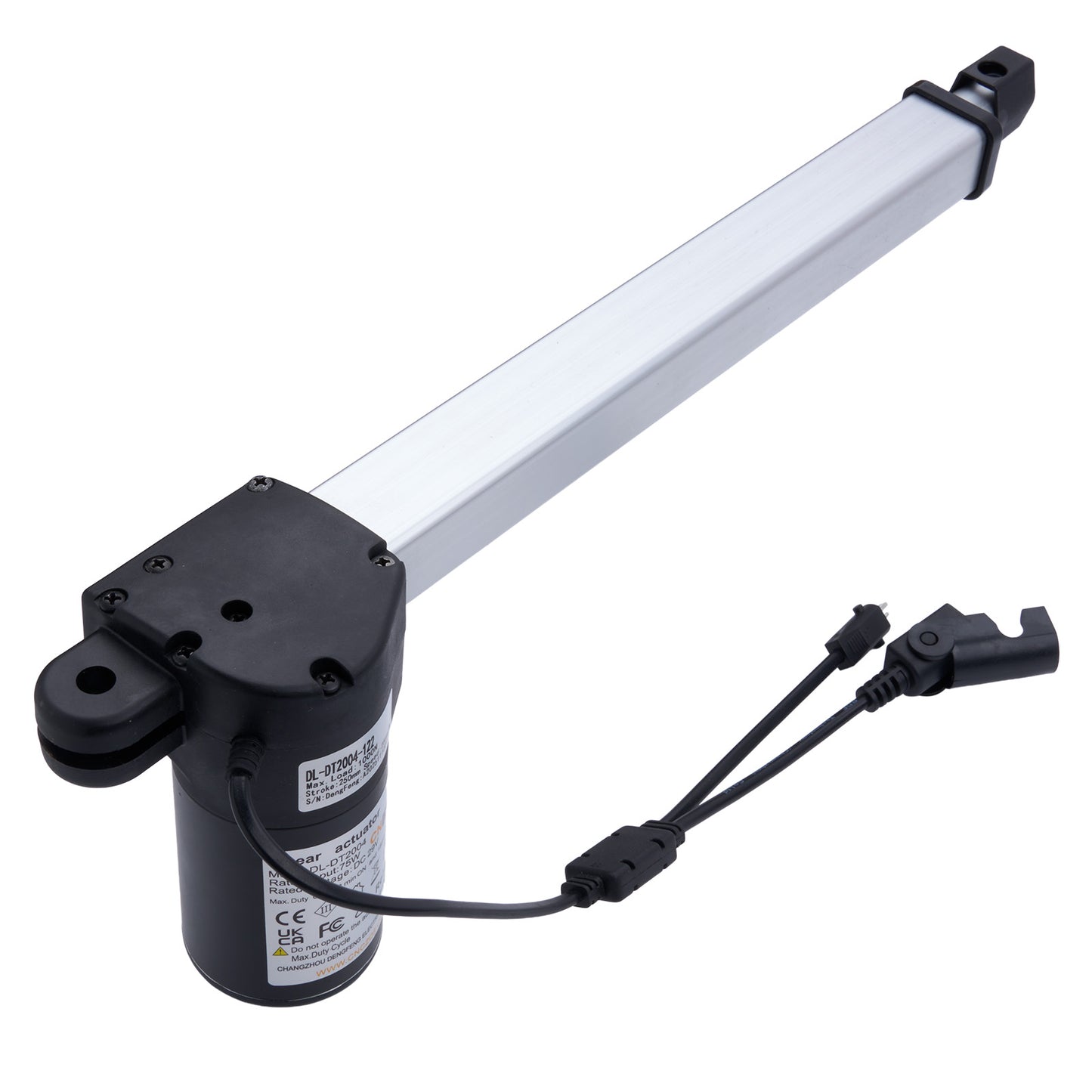 Linear actuator with cable connection on a white background