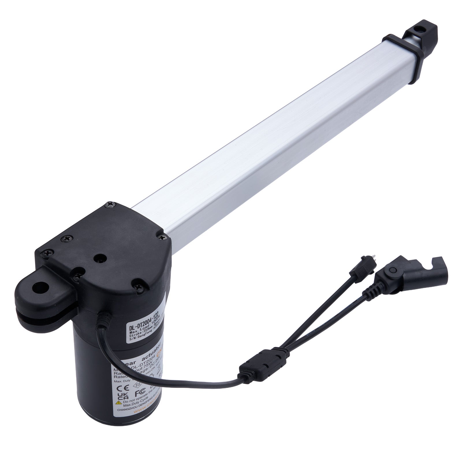 Linear actuator with cable connection on a white background