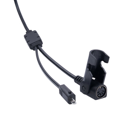 Black camera mount with cable on a white background