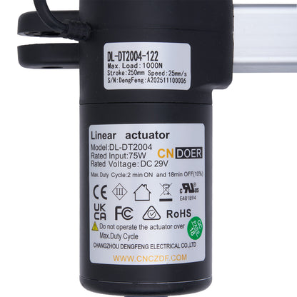 Linear actuator with label displaying specifications and branding on a white background