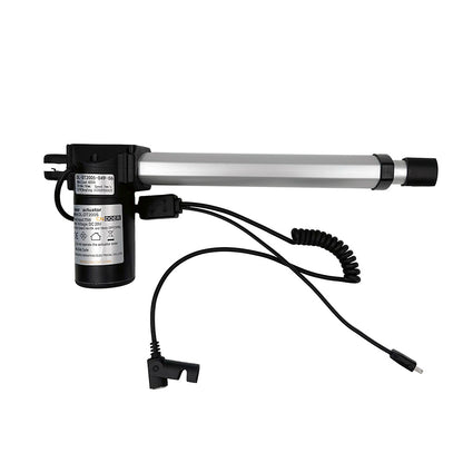 A CNDOER DL-DT2005-049-06 linear actuator motor with a black body, a silver piston, and attached cables and plugs.