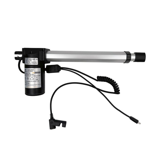 A CNDOER DL-DT2005-049-06 linear actuator motor with a black body, a silver piston, and attached cables and plugs.