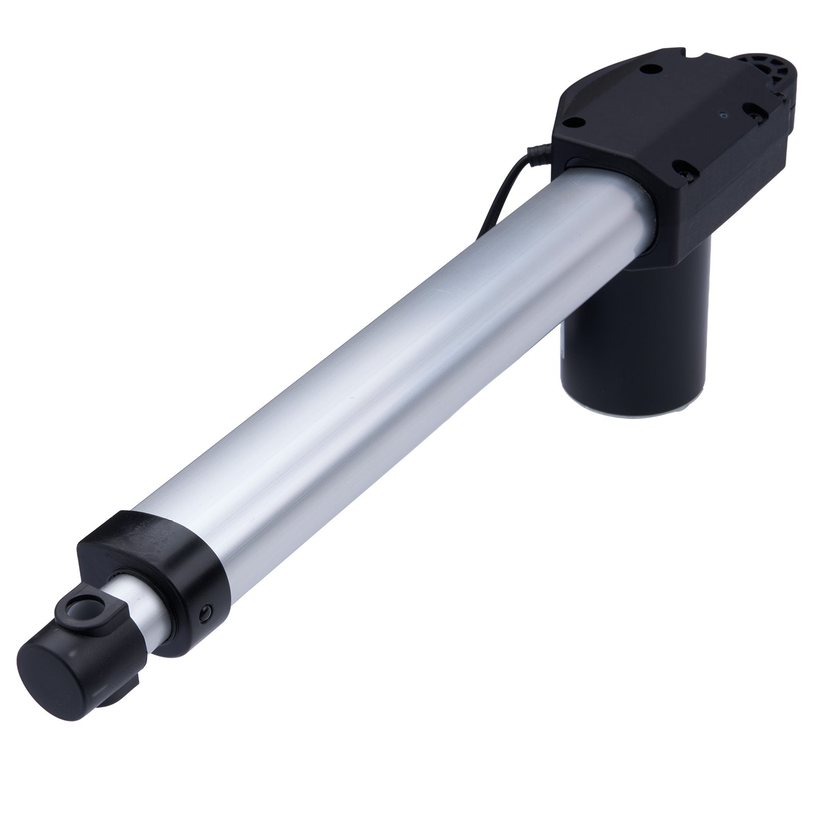 Linear actuator with black and silver design on a white background