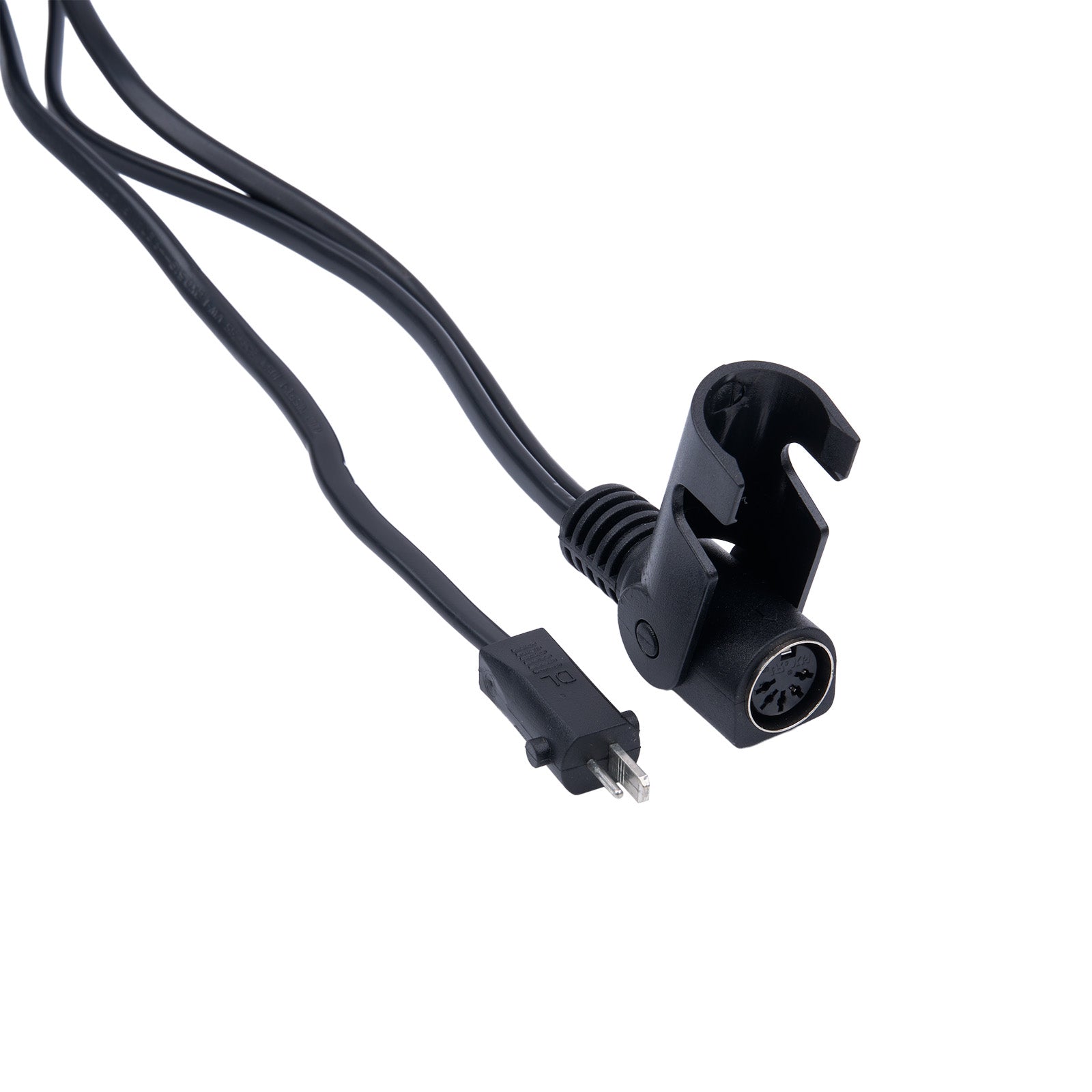 Black audio cable with plug and XLR connector on a white background