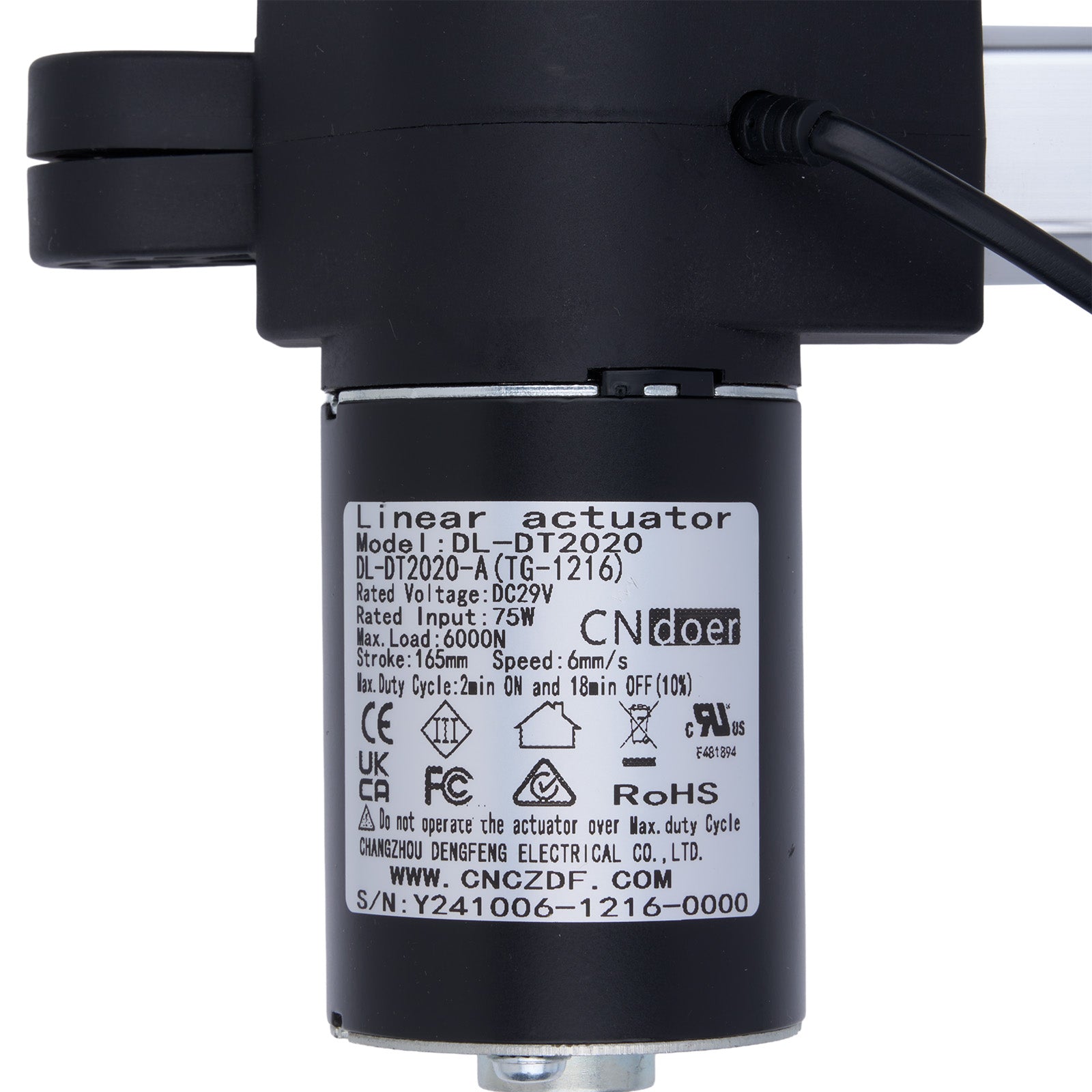 Black linear actuator with label on a white background