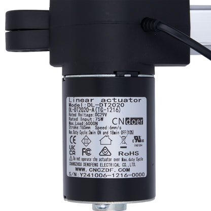 Black linear actuator with label on a white background