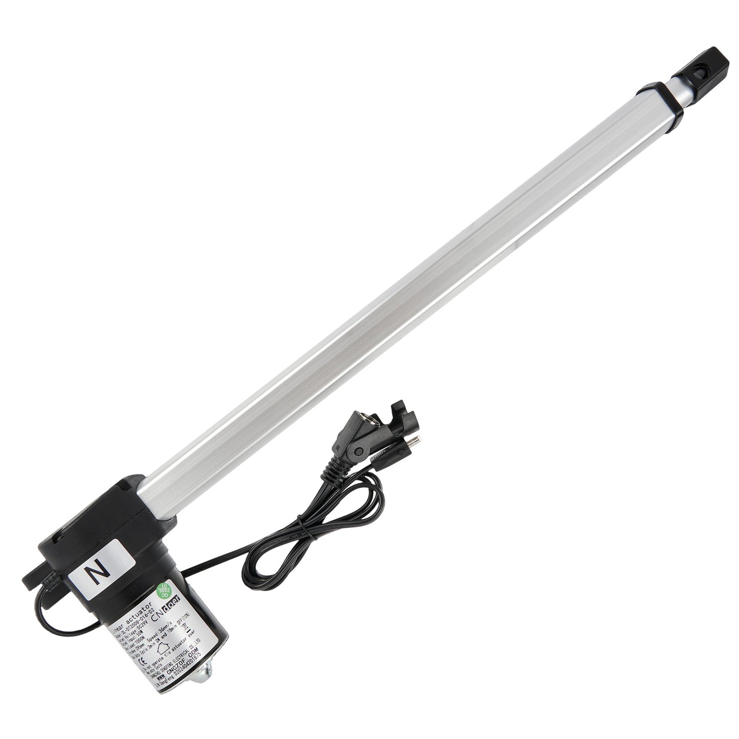 A silver-colored linear actuator with a drive motor, two cables, and plugs.