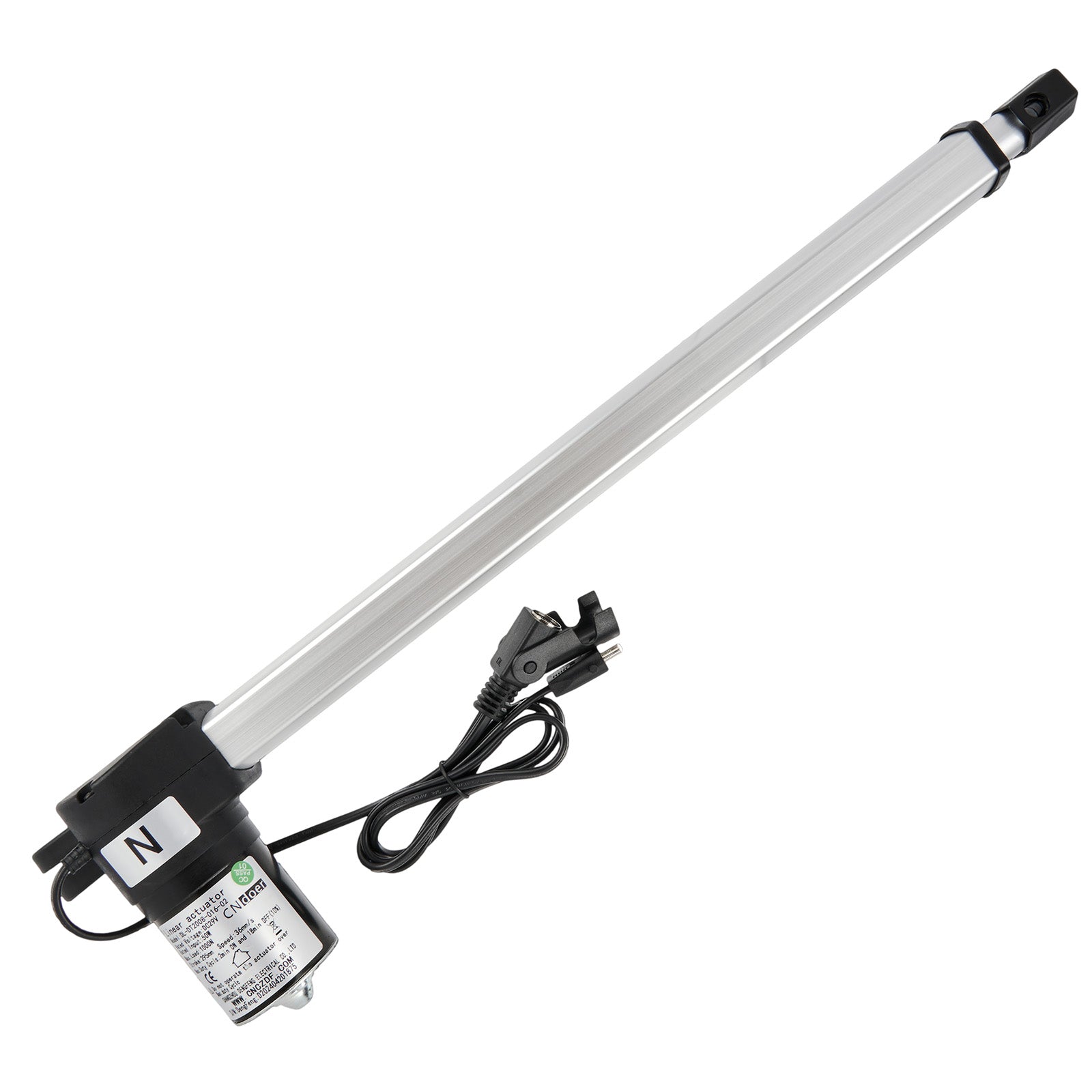 A silver-colored linear actuator with a drive motor, two cables, and plugs.