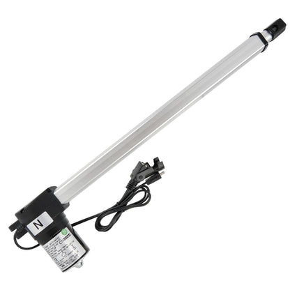 A silver-colored linear actuator with a drive motor, two cables, and plugs.