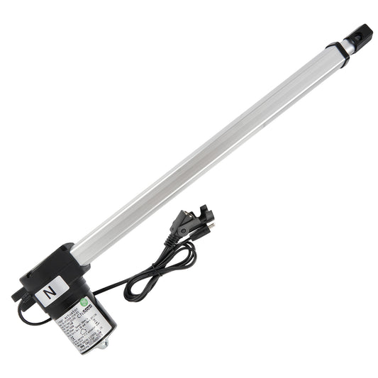 A silver-colored linear actuator with a drive motor, two cables, and plugs.