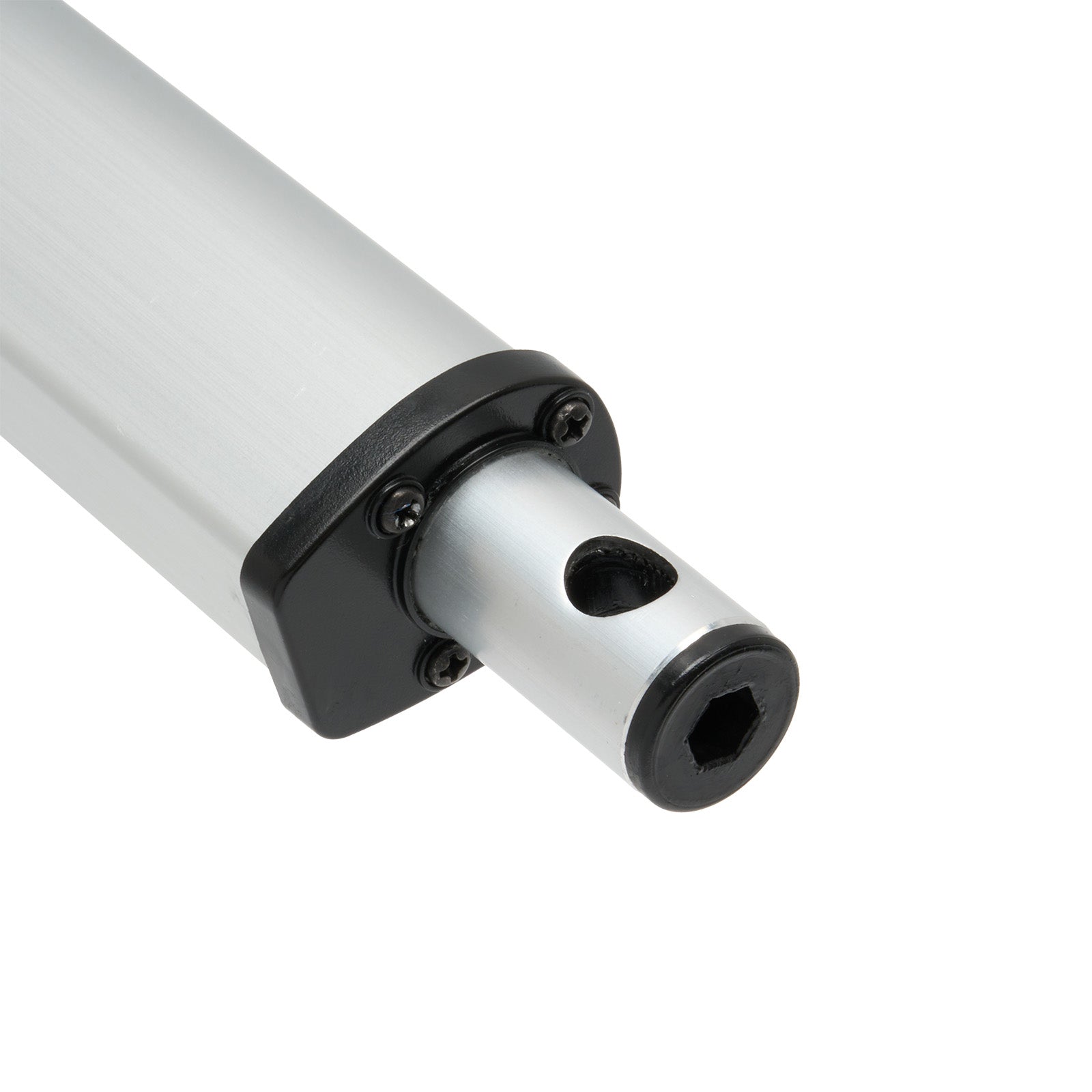 Close-up of a cylindrical mechanical component with black and white colors on a white background