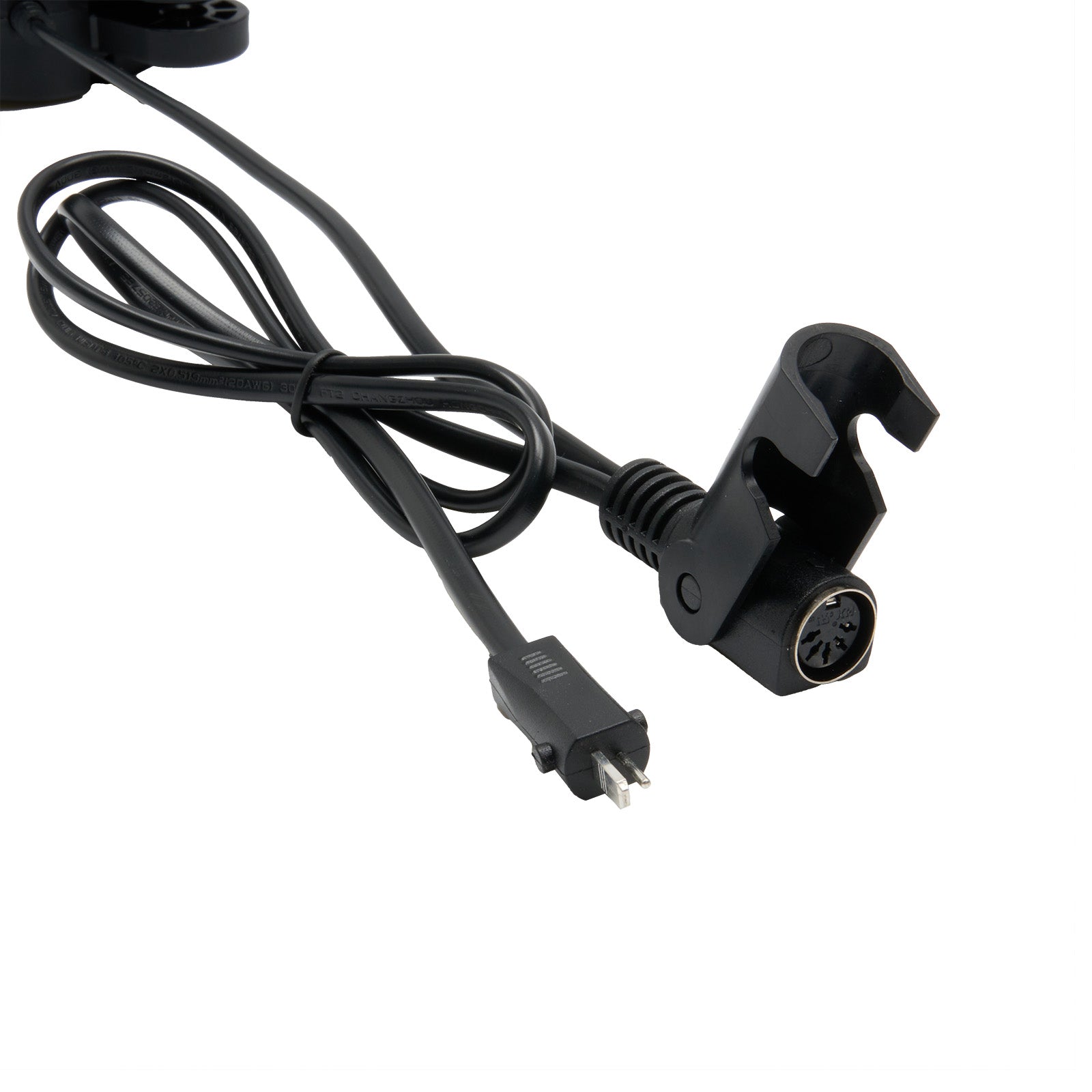 Black power adapter with cable on a white background