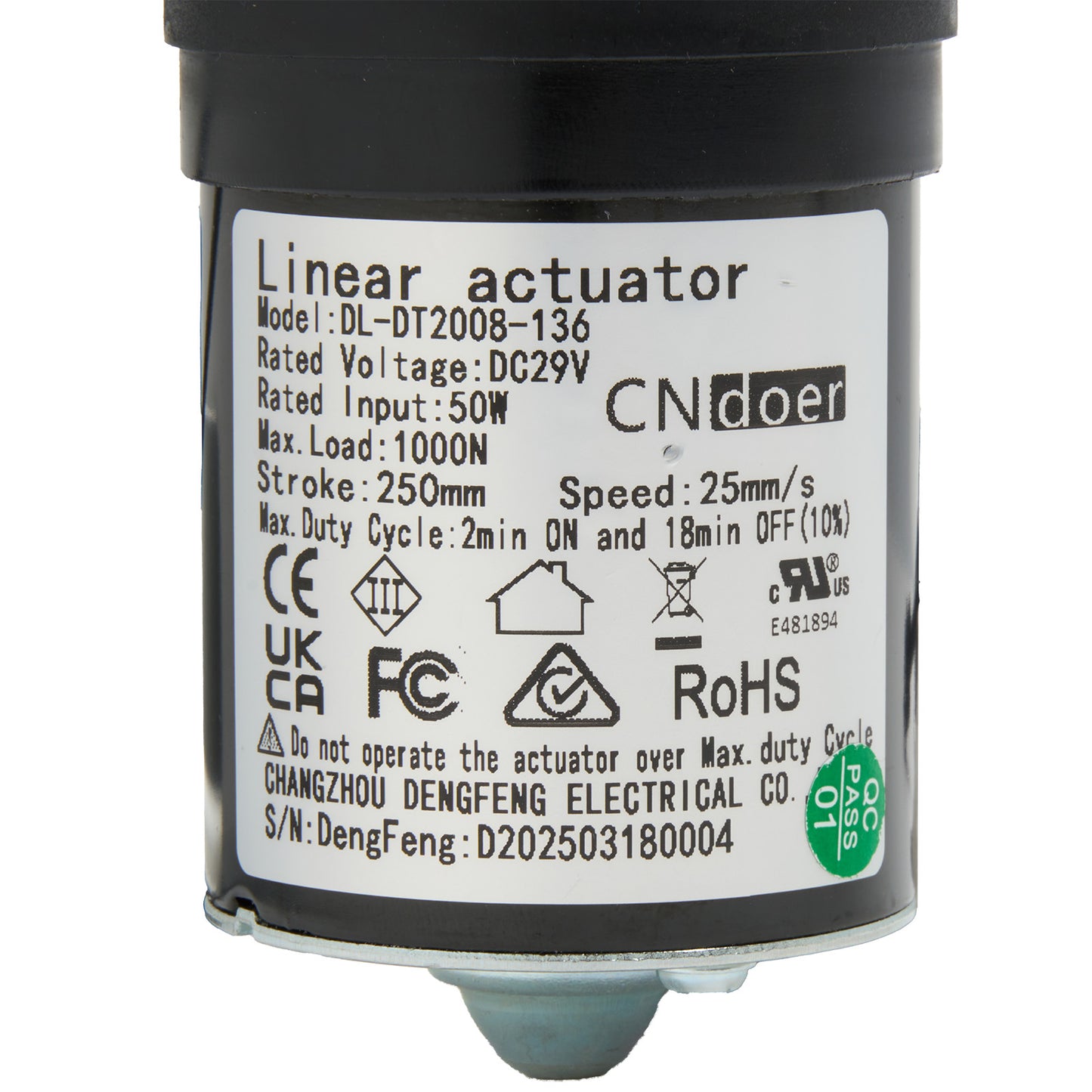 Linear actuator with CNDoer branding and specifications on a white background