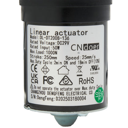 Linear actuator with CNDoer branding and specifications on a white background