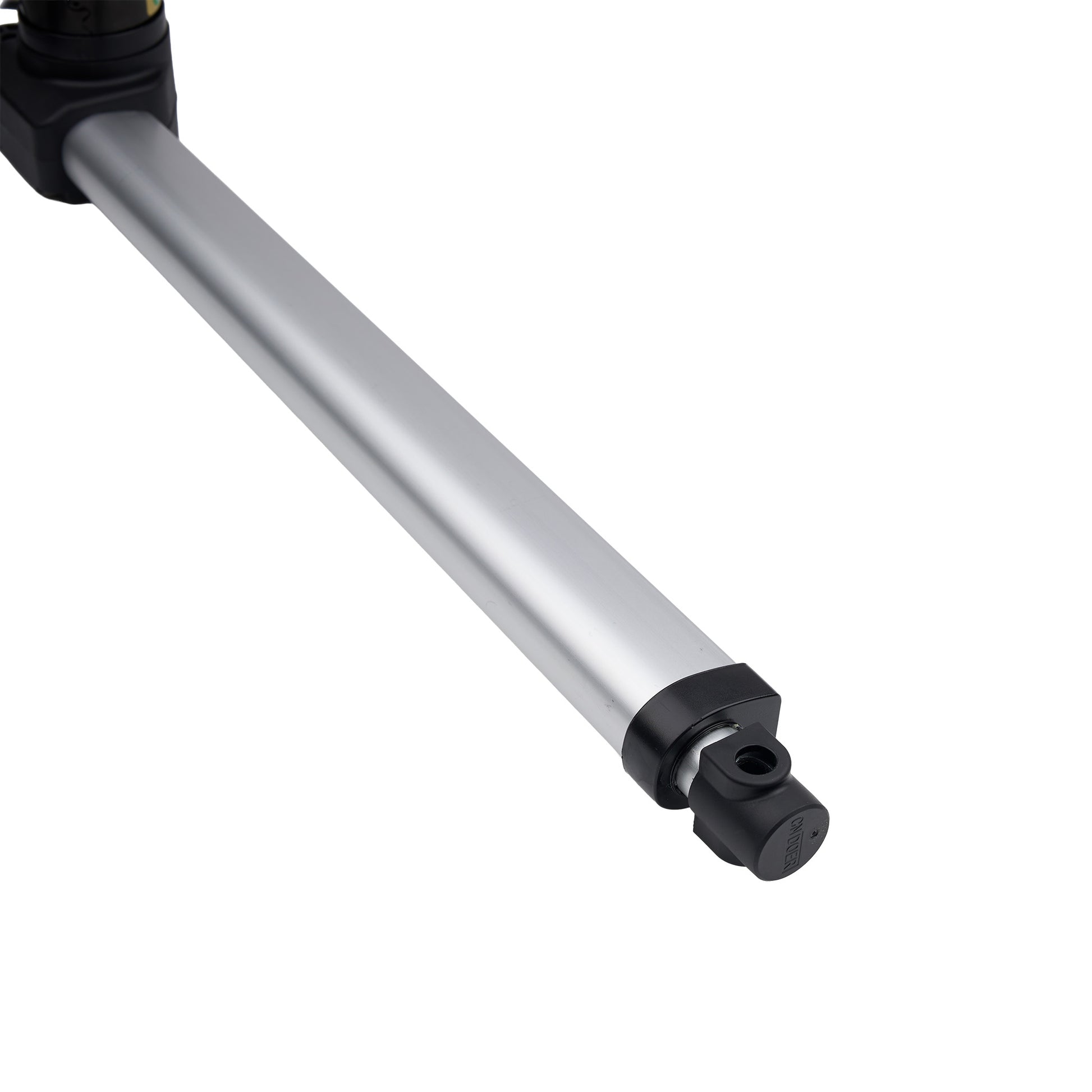 Metallic cylindrical component with black ends on a white background