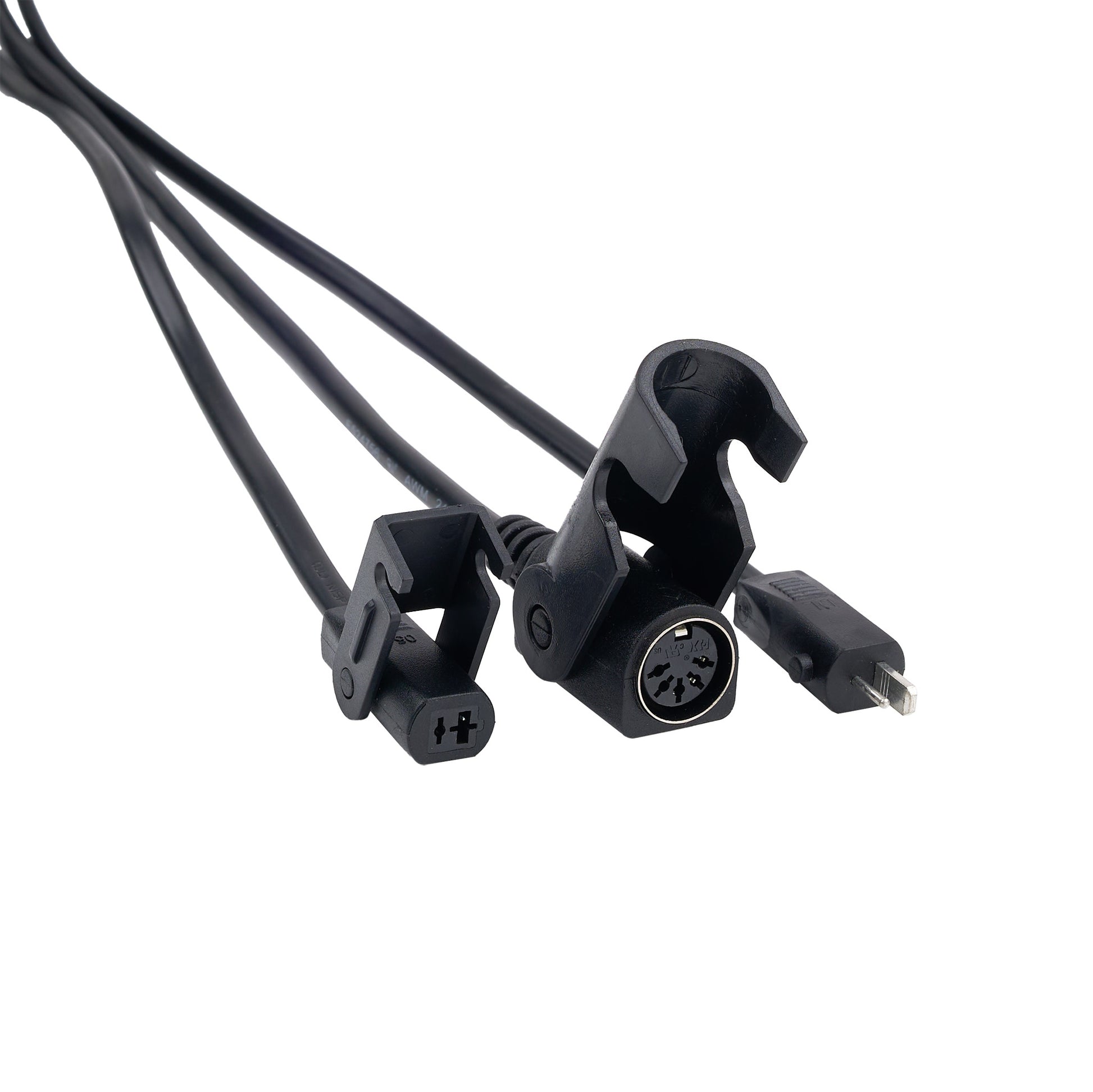 Black audio cable with XLR and 3.5mm connectors on a white background