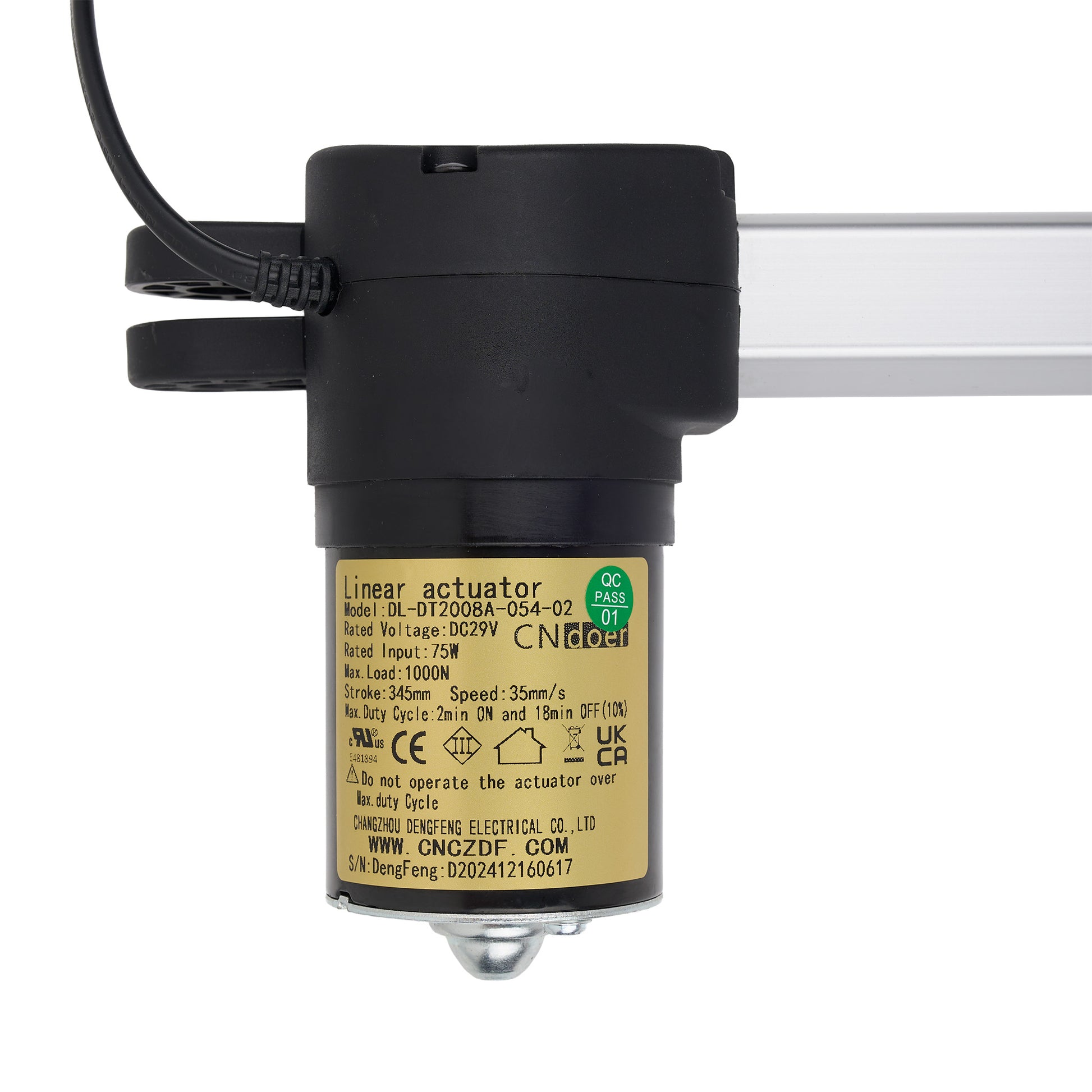 Black linear actuator with a label on a white background
