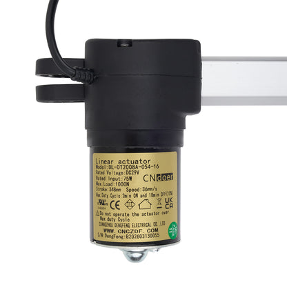Black linear actuator with visible branding on a white background