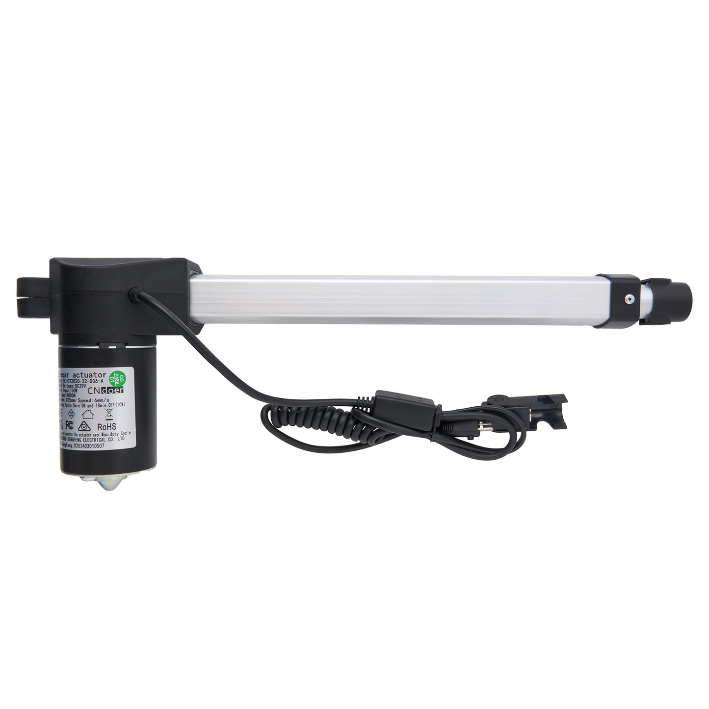 A black CN DOER linear actuator with two cables and plugs, model DL-DT2020-32-006-A, against a white background.