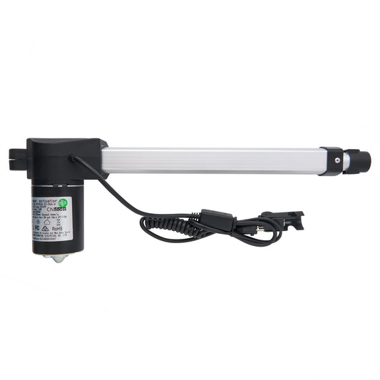 A black CN DOER linear actuator with two cables and plugs, model DL-DT2020-32-006-A, against a white background.