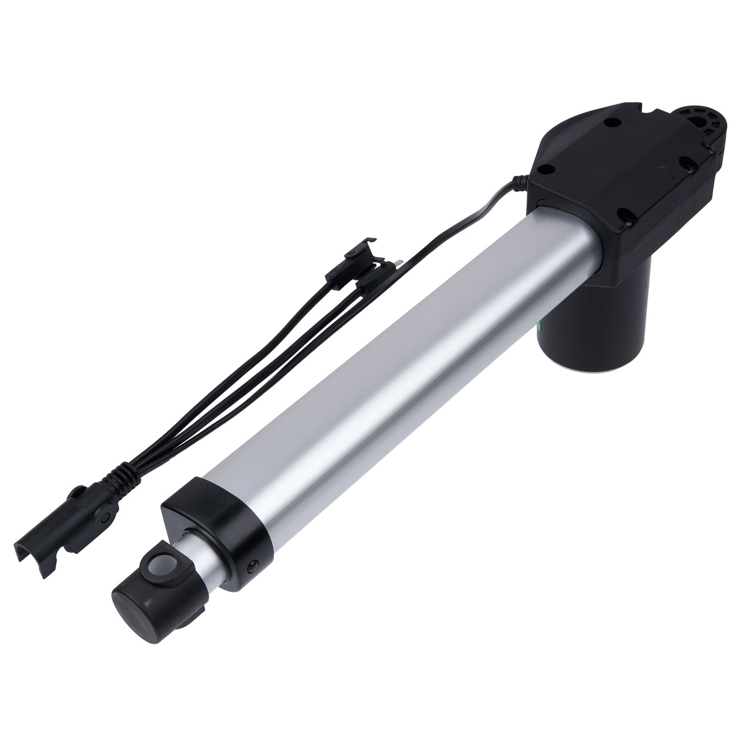 Mechanical actuator with black and silver components on a white background