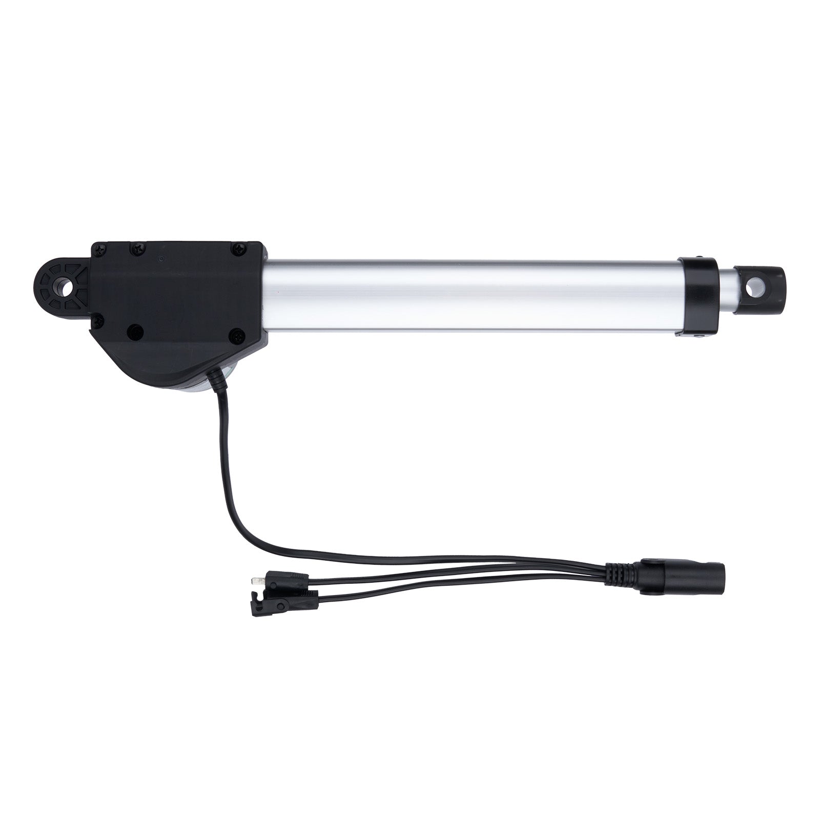 Linear actuator with black housing and wiring on a white background